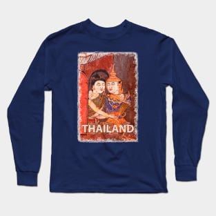 Antique Thai colorful temple mural of a young couple embracing in traditional period ceremonial clothing Long Sleeve T-Shirt